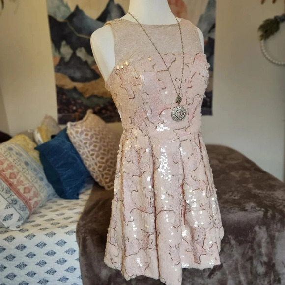 Eva Franco Sugarberry Sequin Lace Mini Dress Size 8 Blush Pink Hand-Embellished - Picture 3 of 16